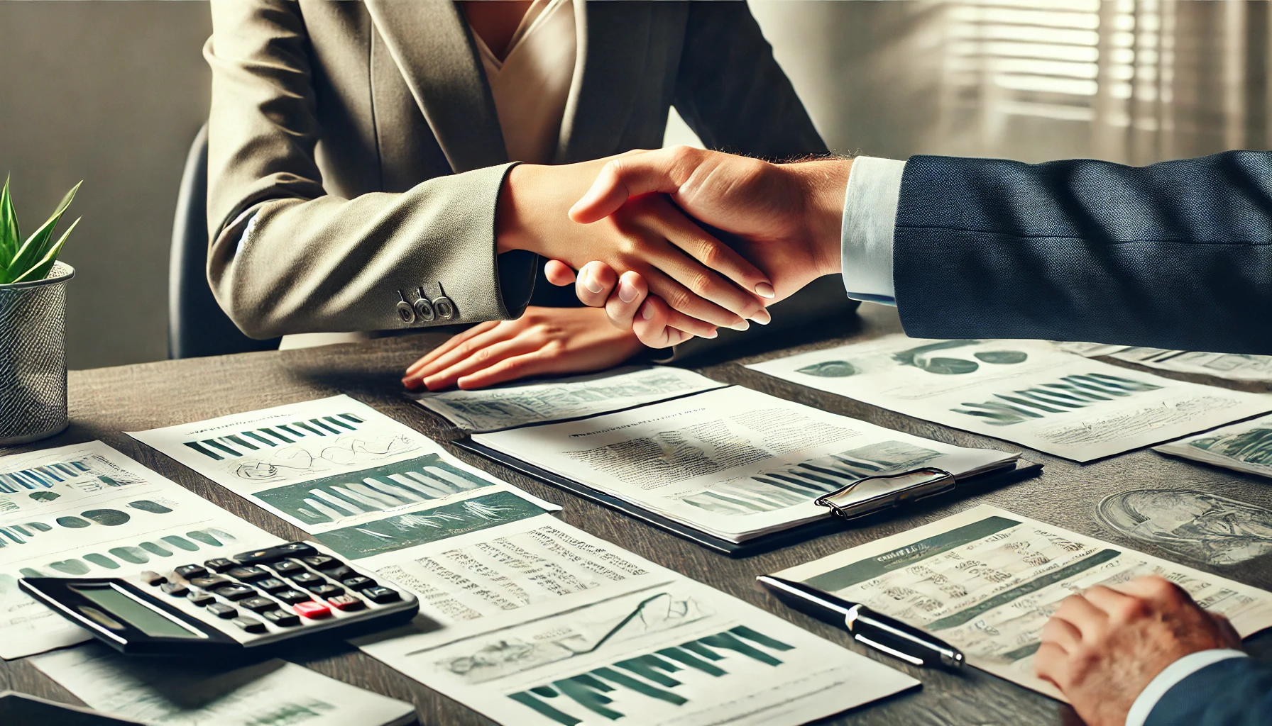 Mesa de trabalho com documentos contábeis, calculadora e gráficos financeiros